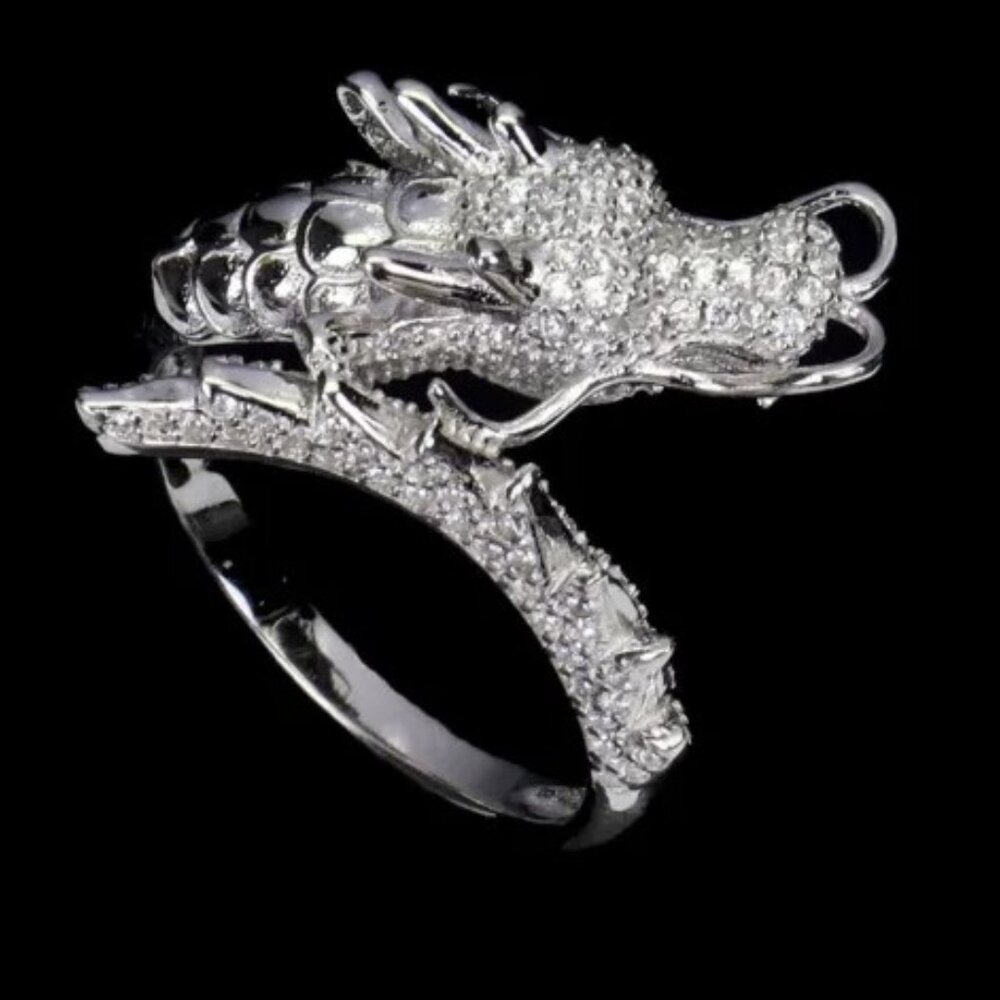925 Sterling Silver Dragon w AAA White Round Simulated Cz 1mm  Ring Size 8.5